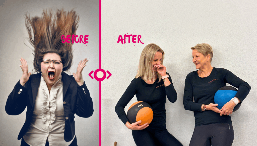 Vorher-Nachher-Szene: Gestresste Geschäftsfrau mit fliegenden Haaren versus lachende Frauen mit Medizinbällen – Sport für Berufstätige in Zürich als Ausgleich zum Arbeitsstress.